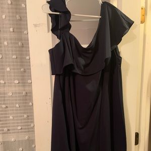 Navy blue asymmetrical/off the shoulder fit and flare dress